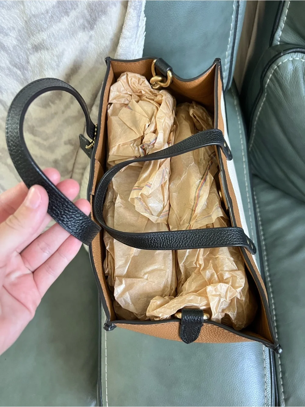 COACH Tri-Color Leather Tote in White, Tan & Black